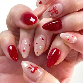 Valentines Nails Press on Short Fake Nails Press Ons Red Press on Nails with Heart 3D Bow Designs False Nails Acrylic Nails Glue On Nails Valentine Nails Stick on Nails For Women(red almond nails)