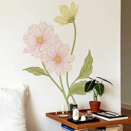 Pink Daisy Wall Decals Peel and Stick 57.4" H x 35.4" W Boho Floral Wall Sticker Vintage Wildflower Wall Murals Removable Flower Wall Decor for Nursery Bedroom Living Room