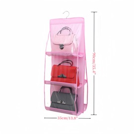 HAN SHENG 2 Pcs 6 Pockets Hanging Purse Handbag Organizer Clear Hanging Shelf Bag Collection Storage Holder Purse Bag Wardrobe Closet Space Saving Organizers (Pink)