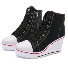 Hurriman Wedge Sneakers for Women, High Heel Platform High Top Canvas Shoes Lace up Zipper Fashion Sneakers, Tenis Zapatos de Cuña Plataforma Tacón para Mujer, Suitbale for Y2K & Harley Quinn Cosplay