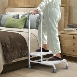 FORTEMOTUS 2 Step Stool with Handle for Elderly - Heavy Duty Bed Steps for High Beds for Adults with Adjustable Handrail &Non-Skid Platform, Foot Stool Ladder for Bedside, Kitchen, Car, RV, Bathtub