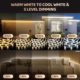 HOUHUI Outdoor White LED Strip Lights, 65.6Ft 2700K-6500K White Flexible Rope Lights IP67 Waterproof with Remote, 24V Dimmable Warm to Cool White LED Tape Lights for Bedroom Kitchen Cabinet Patio Deck