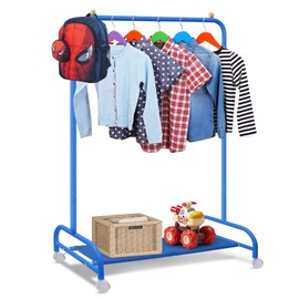 YGJT Kids Clothing Rack, Baby Clothes Rack for Hanging Clothes with Wheels and Bottom Storage Shelf, Small Toddler Garment Rack Kids Dress Up Storage Rack for Coats, Skirts, Dance Costume(Blue)