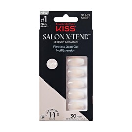 KISS Salon X-tend, Press-On Nails, Nail glue included, 'Words', Light White, Medium Size, Coffin Shape, Includes 30 Nails, 5Ml Led Soft Gel Adhesive, 1 Manicure Stick, 1 New Mini File, New Prep Pad