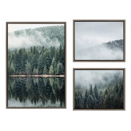 Kate and Laurel Sylvie Evergreen Reflections in Fog Framed Canvas Wall Art Set by Emiko and Mark Franzen of F2Images, 3 Piece Set Gray, Natural Mountain Tree Landscape Art for Wall Decor