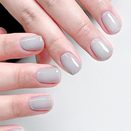 Light Gray Press on Nails Short Square MABKJLF Petite Fake Nails Full Cover Grey Solid Color Glue on Nails Glossy False Nails with Nail Glue Acrylic Manicure Artificial Nails for Women Girls 24Pcs
