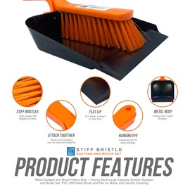 Metal Dustpan and Brush Heavy Duty – Strong Steel Large Capacity Garden Dustpan and Brush Set, PVC Stiff Hand Brush and Pan for Home and Garden Cleaning (Metal Dustpan and Stiff Brush)