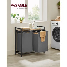 VASAGLE Laundry Hamper, Laundry Basket, Laundry Sorter with 2 Pull-Out and Removable Bags, Shelf, Metal Frame, 2 x 12.1 Gallons (46 L), 28.8 x 13 x 28.4 Inches, Slate Gray and Rustic Brown UBLH201G01