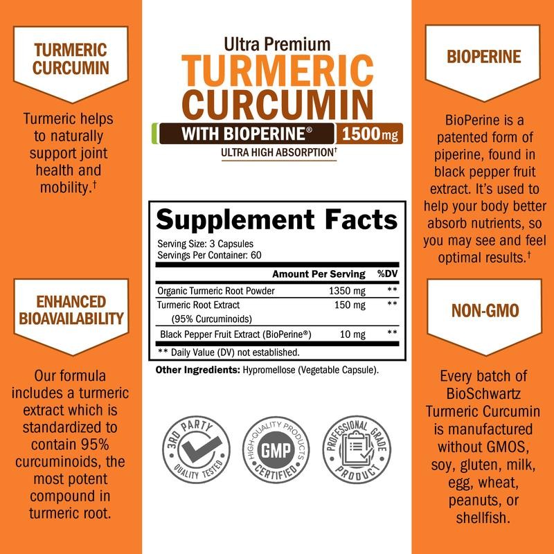 BioSchwartz Ultra Premium Turmeric Curcumin 1500mg, 95% Curcuminoids & BioPerine,