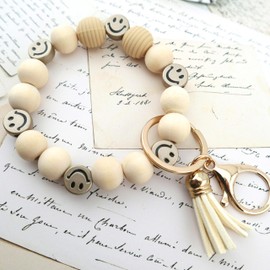 MyfavoriteK Tassel Smiley Keychain Bracelet for Women Wooden Happy Face Beaded Key Ring Wristlet Key Chain for Car Keys (Beige)