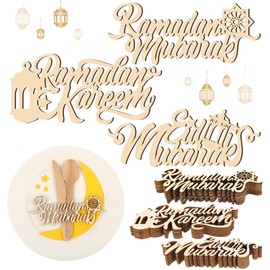 24 Pieces Ramadan Mubarak Plate Setting Hanging Wooden Word Ramadan Wood Sign Kareem Moon Star Eid Decorations Islamic Table Decor for Eid Al Adha Muslim Party Home Pendant Wall Ornaments