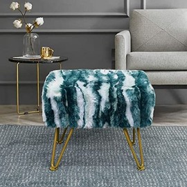Elegant Teal & White Jacquard Faux Fur Ottoman Stool | Modern Design, Soft Cozy & Durable Fabric with Legs | Multi-Functional Used as Vanity Stool, Coffee Table & Footrest, Size: 19"L x 12.5"W x 17"H