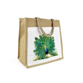 Purely Home Majestic Peacock Jute Shopping Bag - Exotic Bird Gift - Eco Friendly Reusable Shopper Bag with Front Pocket Present/Gift