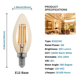 2W Candelabra Led Bulbs, Dimmable E12 Chandelier Light Bulbs, 2200K, C35 Filament Led Candle Light Bulbs (Warm White, 6 Pack)