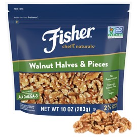 Fisher Chef's Naturals Walnut Halves & Pieces 10 oz, 100% California Unsalted Walnuts for Baking & Cooking, Healthy Snacks for Adults, Resealable Bag, Vegan Protein, Keto Snack, Chopped Nuts, Topping