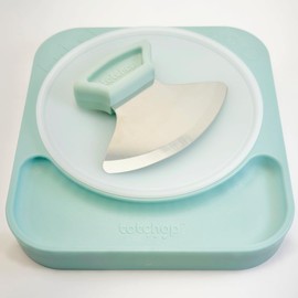 totchop Parent Set, Sharp Rocker Knife and Concave Board for Fast Meal Prep, One-Handed, Dishwasher-Safe, Microplastic-Free Insert, Multiple Colors, for Adults and Children 12+ (Seaside Blue)