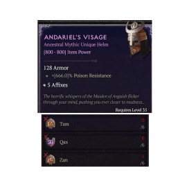 Diablo 4 S9 Andariel's Visage Mythic Unique Helm 6 Tam Qax Zan Rune Craft Set