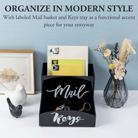 MyGift Modern Premium Black Acrylic Mail Holder and Key Organizer Entryway Storage Tray with Cursive Mail and Keys Word Design, Office, Dorm, Classroom Desktop Organizing Bin