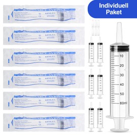 DONQL Syringe 60 ml (50 ml) Pack of 6 with Sealing Cap, Plastic Syringe with Scale, Dosing Syringe for Scientific Laboratories, Industrial Animal Feeding and Plant Watering