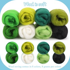 ZLULARY 8 Colors Felting Wool, Needle Felting Wool, Wool Roving for Needle Felting, Fibre Wool Yarn Roving with Storage Box, Wool Felt Tools with Felting Needle (Green)