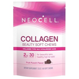 NeoCell Collagen Peptides Soft Chews | 60 Chewables | Beauty Bursts Supplement | with Hyaluronic Acid | Hair, Skin, & Nails | Fruit Punch Flavor
