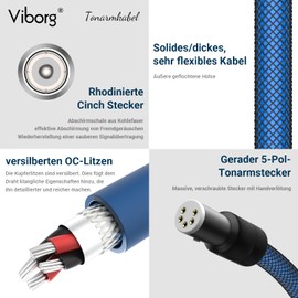 Viborg High End Phono Cable 1 m Tonearm Cable LC800, OFC Silver-Plated Conductor, 2 x Rhodium-Plated RCA Male to 5-Pin Gold-Plated Tonearm Socket Straight with Separate Earthing Conductor for