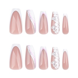 RUOKEXIN Long Coffin Press on Nails White French Tip Fake Nails Silver Glitter False Nails with Heart Designs Sparkly Artificial Nails Long Coffin Glue on Nails Cute Stick on Nails for Women 24Pcs