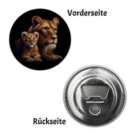 Lioness with Baby Lion Magnet with Bottle Opener Round Charming Baby Lion Cub - Strong Predatory Cat Large Cat Wild Animal Mammal Magnet with Bottle Opener