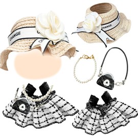 17 cm Doll Clothing, Elegant Doll Clothes Accessory Set with 1 Classic Check Dress, 1 Straw Fabric Hat, 1 Necklace, 1 Flower Bag for Girls Birthday, Doll Not Included