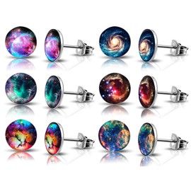 SIISPRI 6Pairs Galaxy Mens Earrings Set Hypoallergenic Surgical Stainless Steel Round Circle Button Stud Post Earrings 10MM, Stainless Steel, No Gemstone