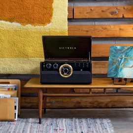 Victrola Metropolitan – 4-in-1 Bluetooth Record Player & Multimedia Center – 3-Speed Belt Driven Turntable with Built-in Speakers, AM/FM Radio, Wireless Music Streaming, Aux and RCA Outputs (Espresso)