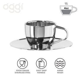 Oggi Taza y platillo de doble pared con platillo (4 oz), acero inoxidable