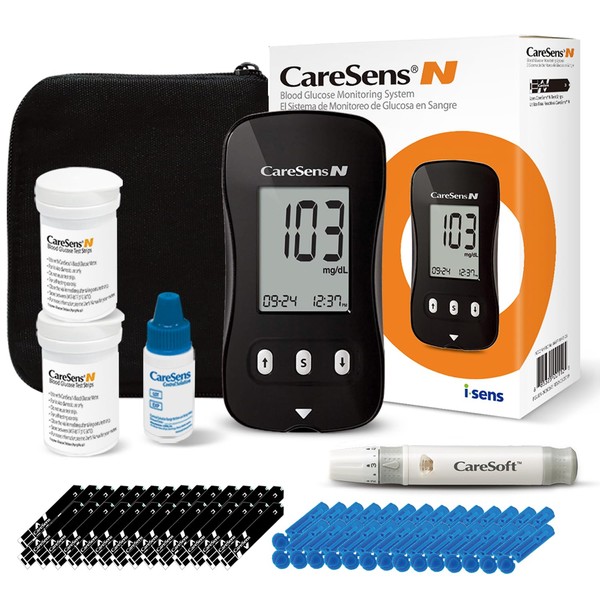 CareSens N Blood Glucose Monitor Kit with 100 Blood Sugar Test Strips, 100 Lancets, 1 Blood Glucose Meter, 1 Lancing Device, 1 Control Solution, Travel Case for Diabetes Testing