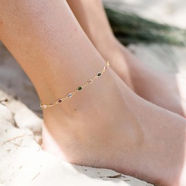 Dremmy Studios Women Anklet 14K Gold Plated Colorful Rainbow Zirconia Chain Ankle Bracelets Dainty Boho Simple Beach Summer Foot Jewelry