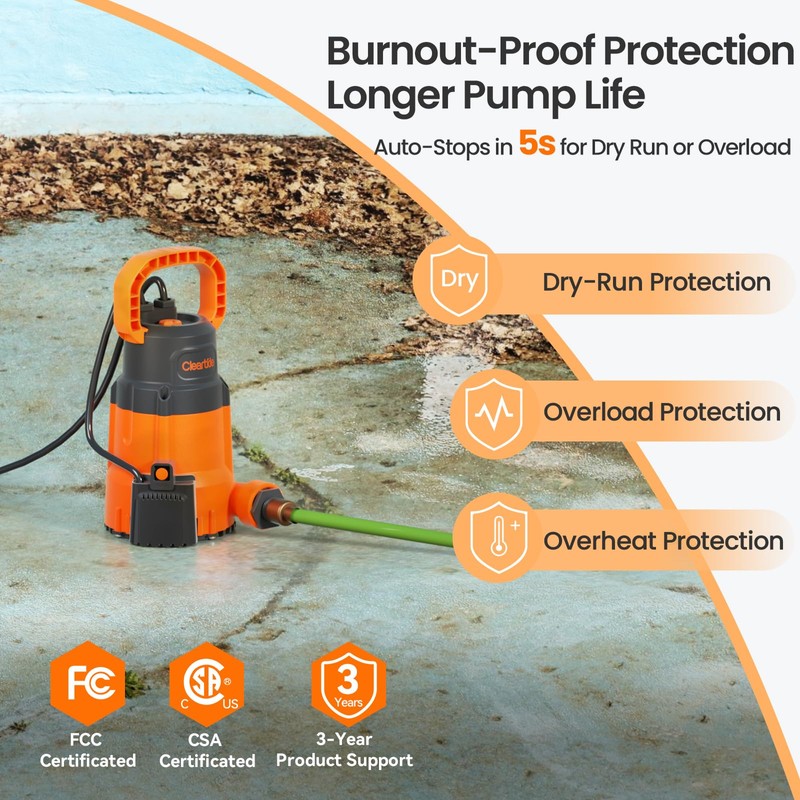 Cleartide Submersible Sump Pump, Smart Water Sensor Auto On/Off, Manual/Auto