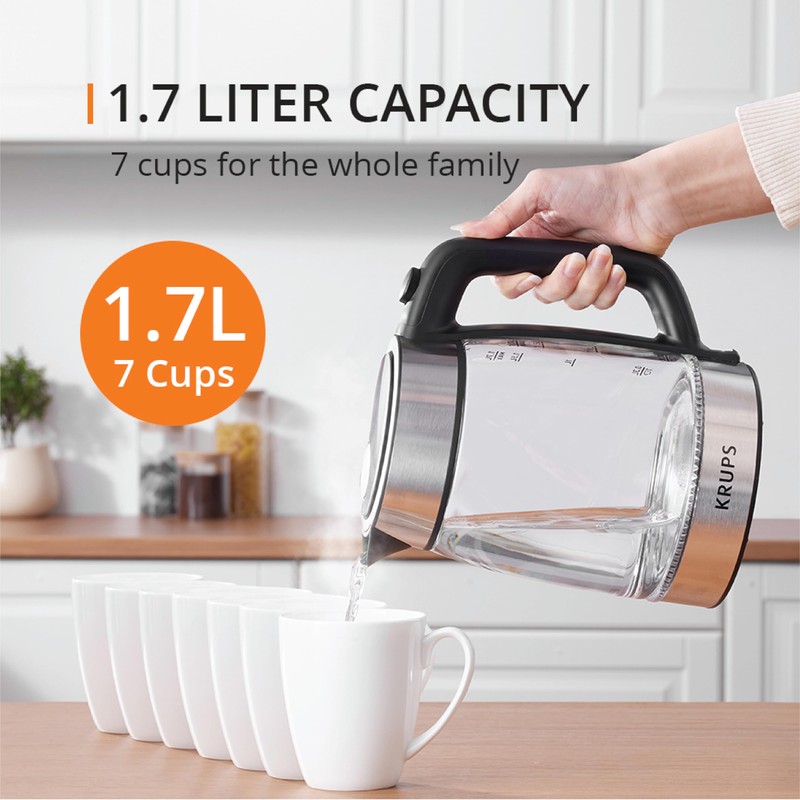 KRUPS 1.7L Glass Electric Kettle: Fast-Boiling 1500W with LED Indicator,