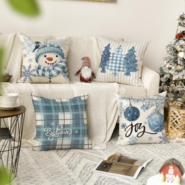 AVOIN colorlife Winter Snowman Joy Snowflake Christmas Throw Pillow Covers, 16 x 16 Inch Xmas Tree Winter Holiday Buffalo Plaid Cushion Case Decoration for Sofa Couch Set of 4
