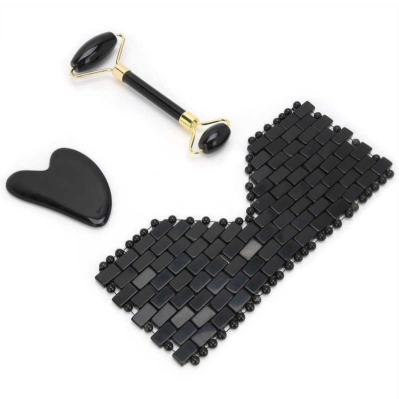 3pcs Obsidian Facial Roller Gua Sha Board Therapy Blindfold Beauty