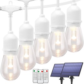 Mlambert 96FT(2x48FT) 3-Color in 1 Dimmable Solar String Lights Outdoor, Remote Patio String Lights with 30+5 LED Bulbs for Pergola Outside-White Cord