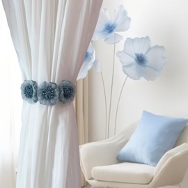 Curtain Tiebacks for Curtains 2 Pack with Buttons, Curtain Holdbacks with 3 Pieces of Handmade Flowers, Curtain Holder Tiebacks for Bedroom, Living Room, Office
