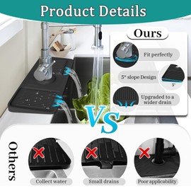 Luckissixs 24'' Longer Kitchen Faucet Mat, Silicone Sink Splash Guard Drying Mat with 5° Slope & Cuttable Hole, Fast Draining Catcher Tray Dish Soap Sponge Holder for Kitchen Sink (Black, 24"x 5.5")