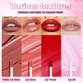 10Pcs Matte Liquid Lipgloss + Lip Tinted + Lip Oil Set, One Step Lips Makeup Kits Pigment Velvety Nude Lip Stain Waterproof Long Wear Lip Gloss Make up Gift Set
