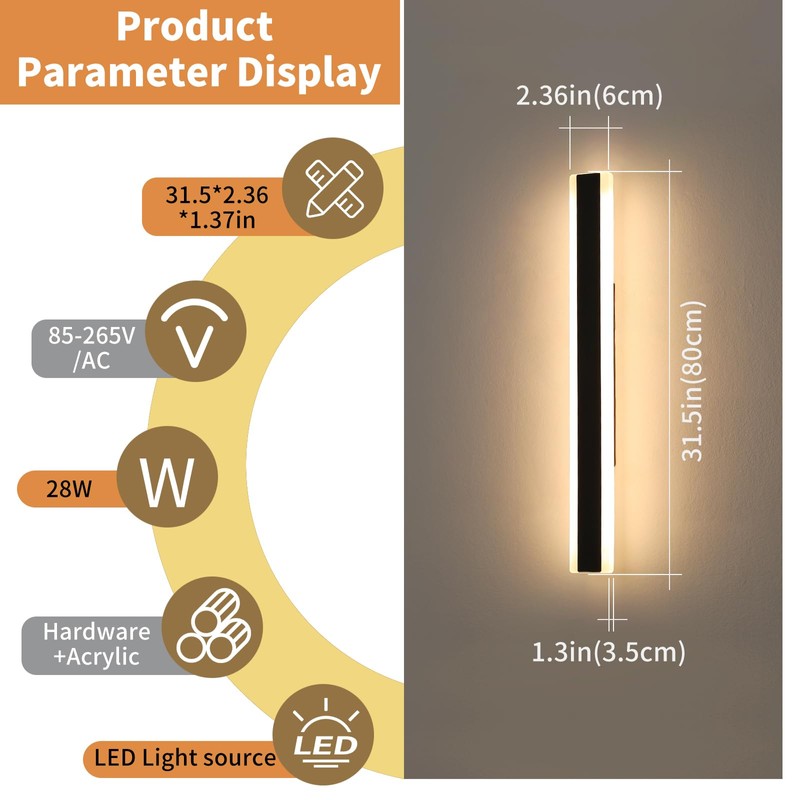 Daoseolo Outdoor Wall Light Fixture, 31.4inch Black Modern Linear Exterior