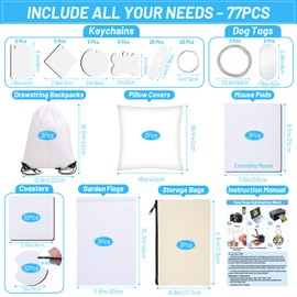 77PCS Sublimation Blanks Products, MAPVOLU Christmas Ornaments Crafts Sublimation Starter Kit with Instruction Manual, Blank Makeup Bags, Backpack, Dog Tags, Coasters Keychains Mouse Pads Garden Flags