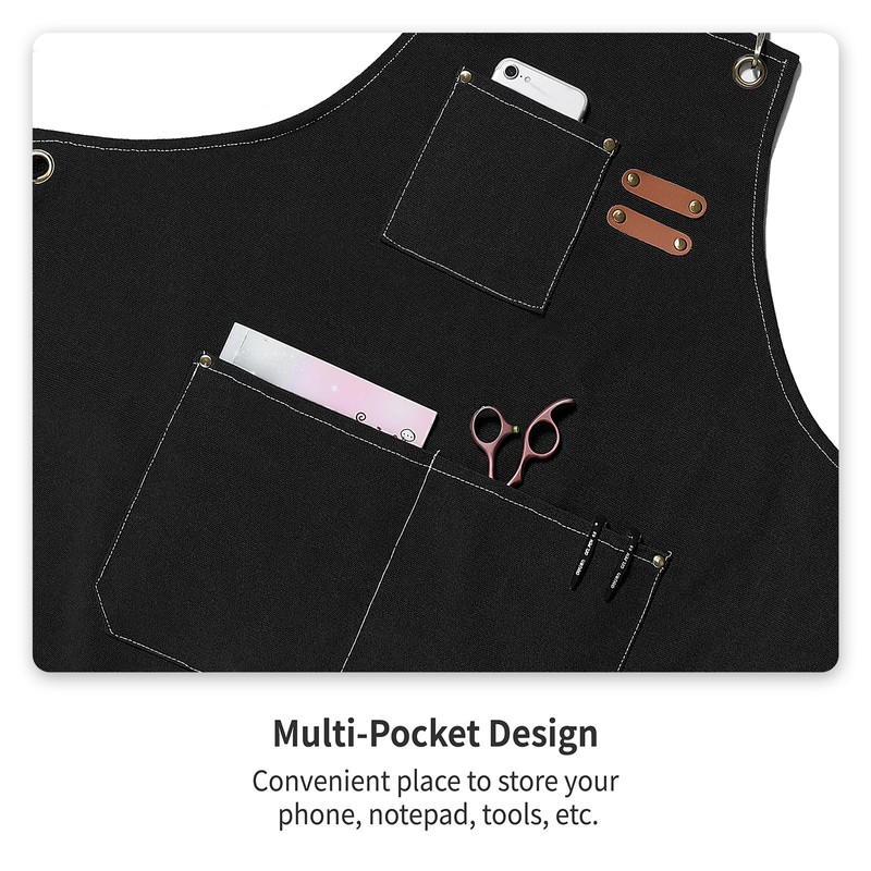 EWIZ Cotton Linen Apron Adjustable Straps with Three Pockets for