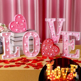 Baquler Valentine's Day Pink Love Lighted Marquee Signs Table Decor Wall Hanging for Romantic Night Battery Operated LED Light up Glitter Love Letters for Holiday Wedding Home Room Decoration