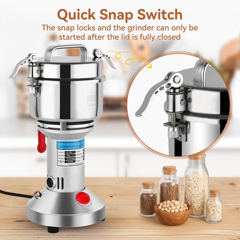 Electric Grain Mill Grinder - 2000W High-Speed 750g 304 Stainless