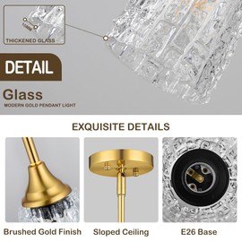 SADUENFR 1-Light Glass Pendant Lights Kitchen Island, Modern Brushed Gold Pendant Light Fixtures with Clear Hammered Glass and Rods, Farmhouse Mini Hanging Light for Sink Dining Room Bedroom, E26