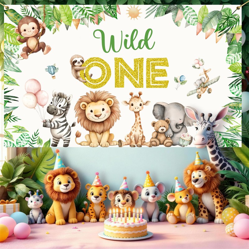 Wild One Backdrop Lion Giraffe ZebraElephant Boy Girl Party Decorations
