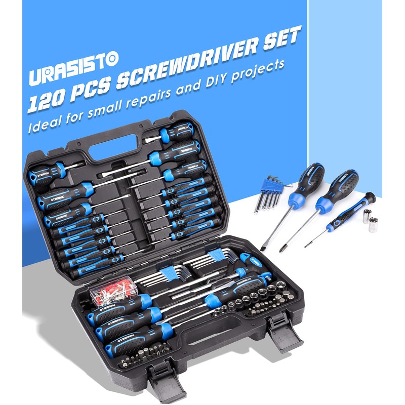 URASISTO 120-pieces Magnetic Screwdrivers Sets Includes Sockets, Slotted, Phillips, Hex,